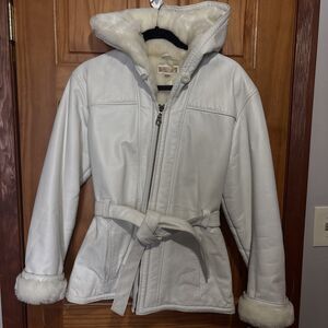 White Wilson Leather Hooded Coat W/ Faux Sherpa Lining Belted Sz M